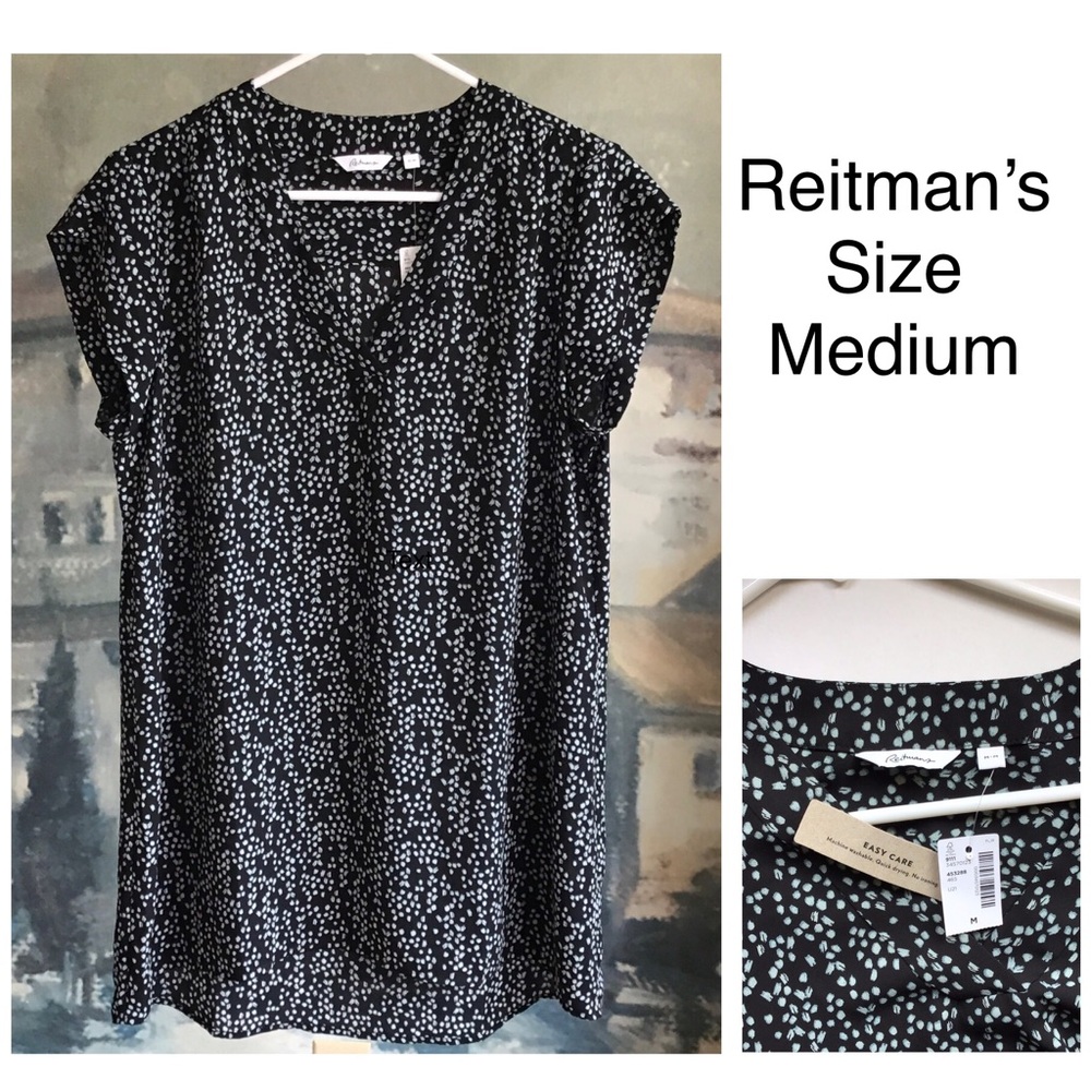 Reitmans Flattering Style Blue Grey Dots On Blue Pattern Blouse Tunic Size Med